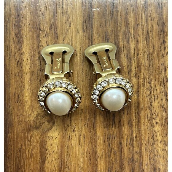 Vintage Vendome Signed Clip On Earrings Faux Pearl Rhinestone - Picture 3 of 5